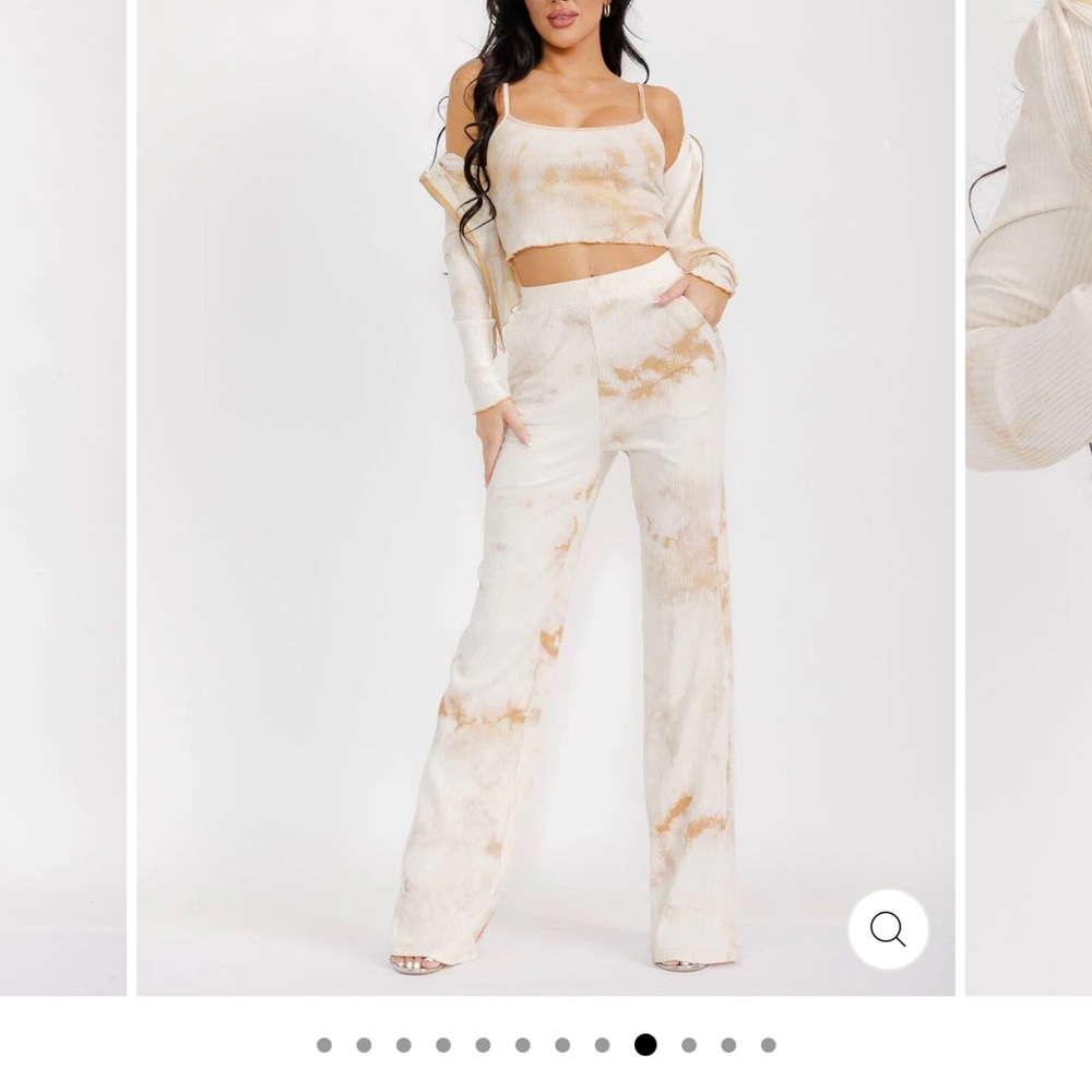 Elegant Cream Tie-Dye Wide Leg Pants (3 piece set)